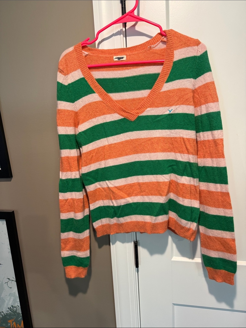 American Eagle Outfitters Orange, Green & Cream Striped V-Neck Sweater